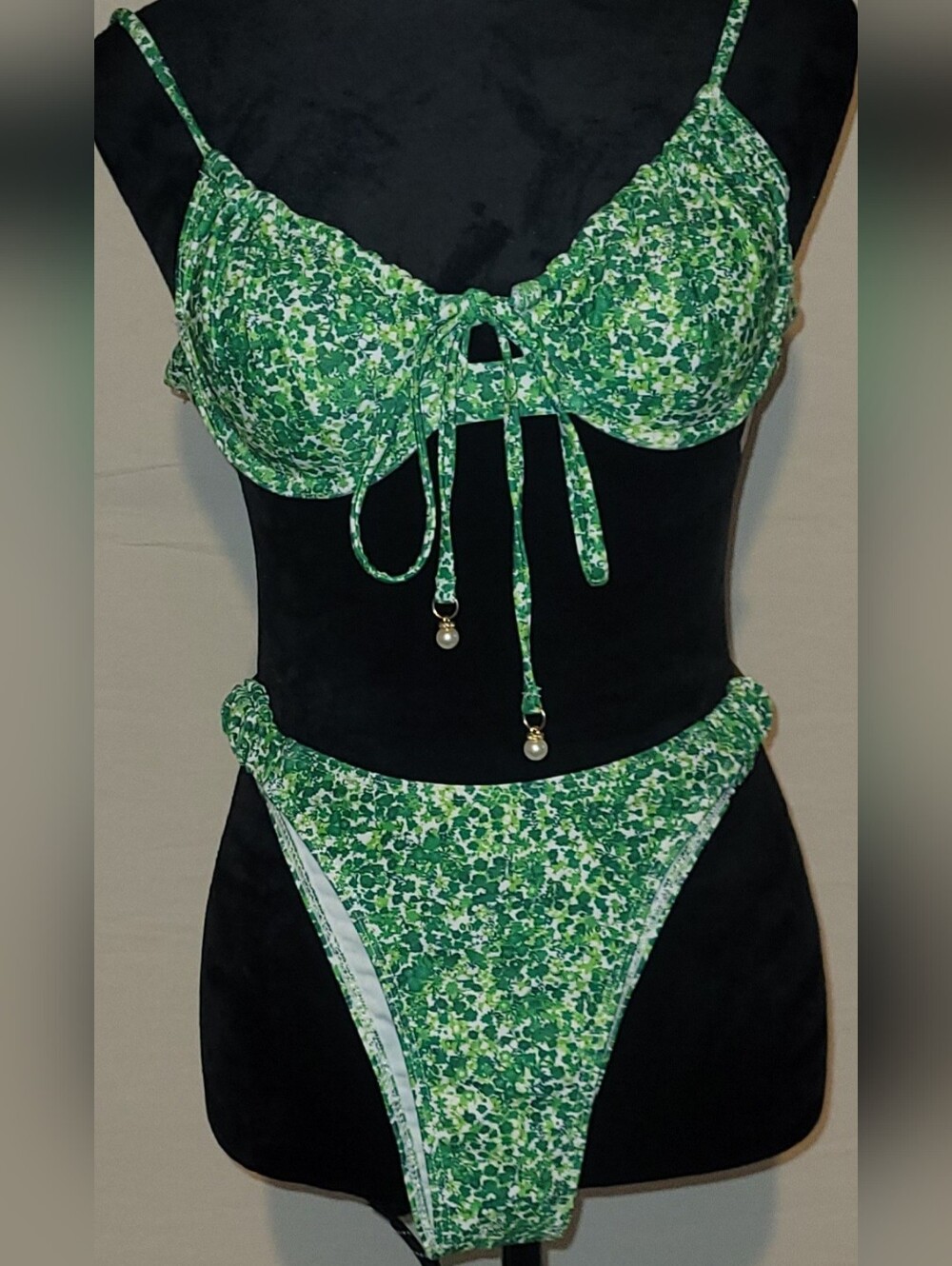 Soly Hux, Green Floral Two-Piece Bikini Set With Pearl Ans Gold Hardware, S